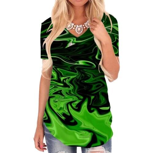 Giyu Brand Dizziness T Shirt Women Green Funny T shirts Psychedelic V-neck Tshirt Abstract Tshirts Printed Womens Clothing