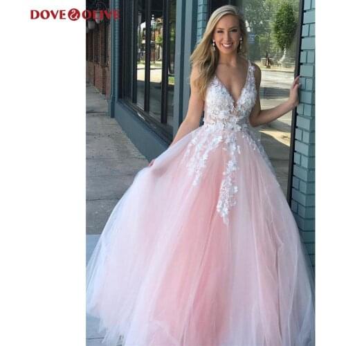 Lace Floral Prom Dresses Long Deep V Neck A Line Tulle Sleeveless 2020 Pink Evening Party Gowns Gala Elegant Fashion