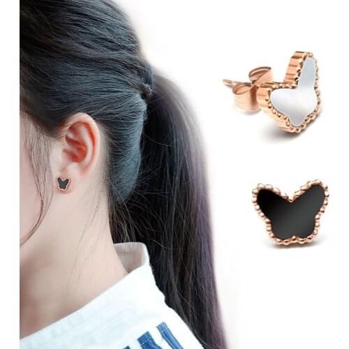 Fashion Black White Shell Butterfly Rose Gold Color Titanium Steel Earrings Free Shipping