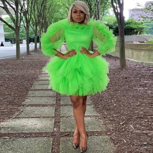 Fashion Short Evening Formal Dresses African Women Yellow Puffy Tull Knee Length Party Dresses