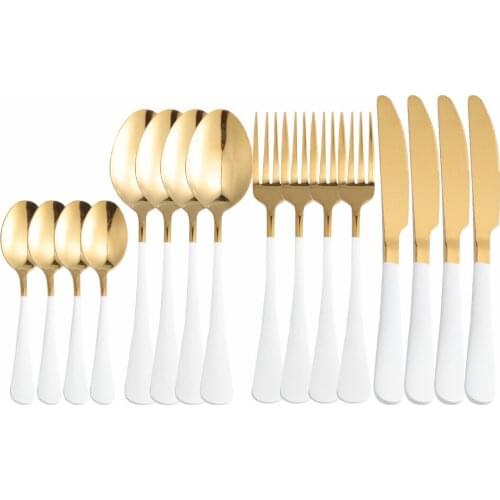 16Pcs Stainless Steel Cutlery White Gold Tableware Set Dinnerware Dinner Flatware Set Forks Knives Spoons Set Thin Silverware