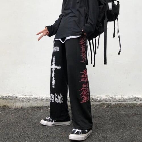 2020 new INS Harajuku style Japanese fried street dark black sub-forced graffiti straight wide leg pant men and women trend