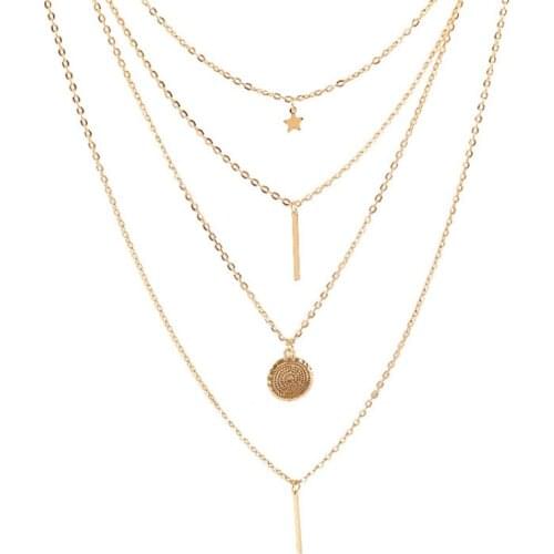 New Jewelry Fashion Statement Five Pointed Star Geometric Circle Metal Wind Multi-layer Necklace Necklace Womenwholesale