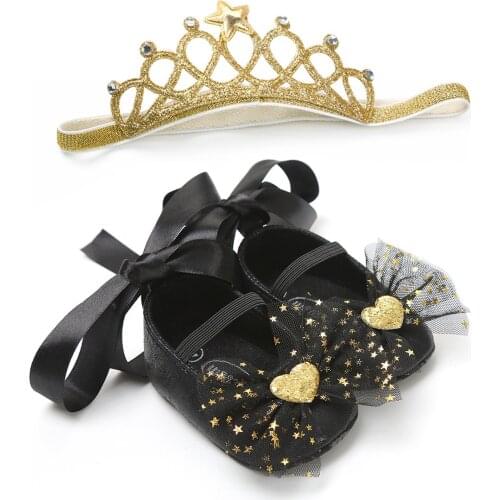 Sequins Princess Baby Girls Shoes Suit Toddler Baby Girls Prewalker Bowknot Princess Shoes+Crown Headband Set туфли для девочки