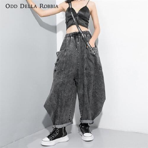 OddDellaRobbia Spring Washed Vintage Old Hip-Hop Lace-Up Denim Trousers Personality Elastic Waist Overalls Wide-Leg Pants 19623