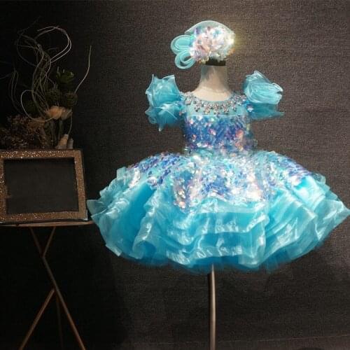 Luxury Blue Flower Girl Dress Glitter Sequined Crystals Princess Pageant Gown Infant Girl First Birthday Dress Photoshoot