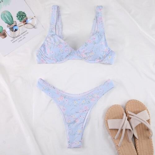 Sexy Floral Print Bikini 2021 Women Push Up Padded Underwire Swimsuit High Cut Bathers Bathing Suit Thong Swimwear Biquini