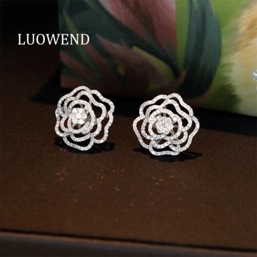 LUOWEND Real 18K White Gold Earrings Luxury Flower Shape Diamond Earring Elegant Stud Earrings Engagement Jewelry Customize