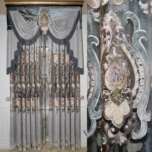 Luxurious European chenille grey curtain cloth bedroom living room water soluble embroidery finished shading floor curtain