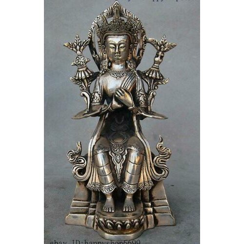 Old Chinese Tibet Tibetan Buddhism Temple Silver Avalokiteshvara Goddess Statue