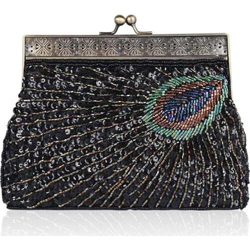 Vintage Beaded Sequin Peacock Clutch Purse Evening Bags