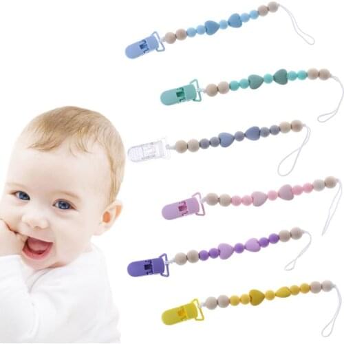 Baby Pacifier Clip BPA Free Silicone Teething Chain Newborn Nipple Teether Holder Chew Toys Soother Wood Dummy Heart Beads