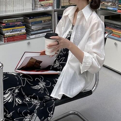 Women Summer White Shirt Back Split Strap Design Loose Long Sleeve Ladies Sunscreen Blouses Tops