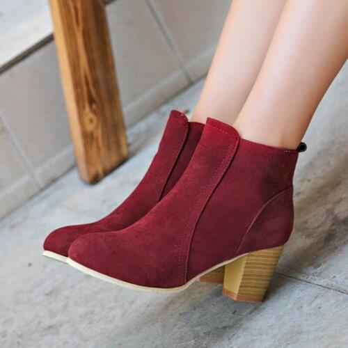 Women Boots Flock Ankle Boots Round Toe Winter Women Boots Ladies Party Western Stretch Fabric Boots High Heels Shoes 35-41