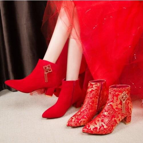 Womens Red Short Boots, Chinese Style Embroidered Wedding Shoes with Tassels, Ethnic Style High-heeled Fashion Ankle Boots