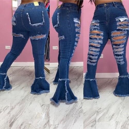 2020 Womens Slim Fit Denim with Hole Tassel Trousers for Women