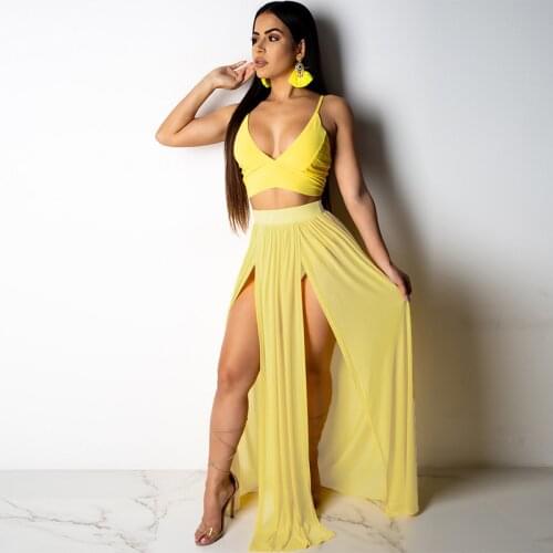 Summer Sexy Two piece set women Vintage Spaghetti Strap Deep V Neck Backless Two Pieces Set High Waist Sheer Crop Top Skirt Set