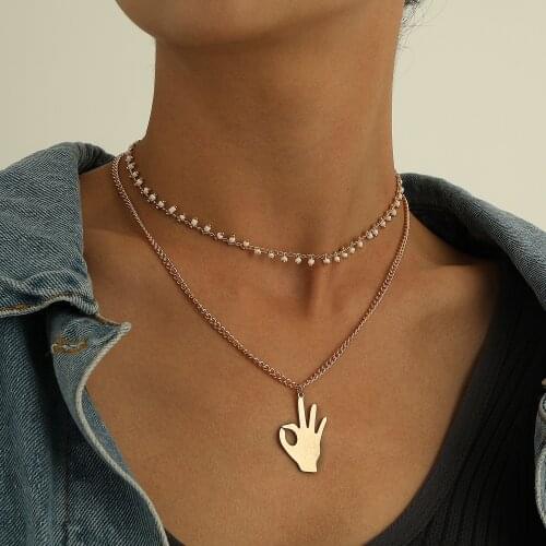 Metal OK Gesture Pendant Necklace for Women Acrylic Beads Tassel Charm Clavicle Chain Layered Necklaces 2021 Fashion Jewelry