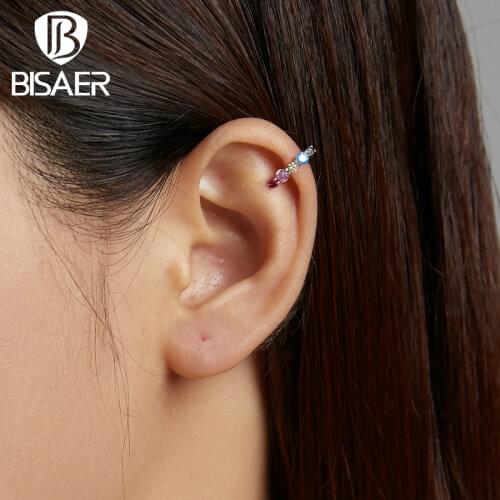 BISAER 1pcs EarClip 925 Sterling Silver Bright Coloful Zircon Clip Earrings For Women Fashion Simple Jewelry Brincos ECE1250