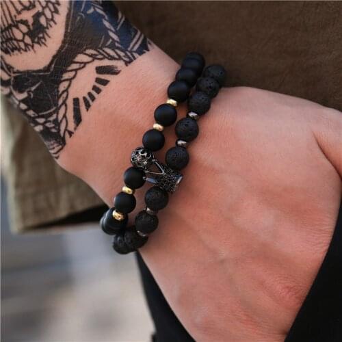 2Pc/set Couples Men Bracelets 8mm Beads Black Matte Lava Stone Queen King Crown CZ Lovers Bracelet Sets Jewelry