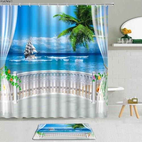 2Pcs Ocean Beach Flowers Sailing Shower Curtain Roman Column Green Plant Scenery Bathroom Non-Slip Bath Mat Hanging Curtains Set