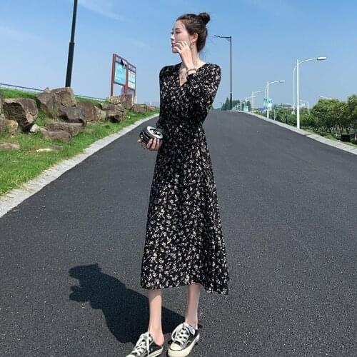 2020 Spring Autumn Floral Printed Mid Length Dress 2020 Chic Long Sleeve V Neck Polyester Slim Fit Dress Korean Style Vestidos
