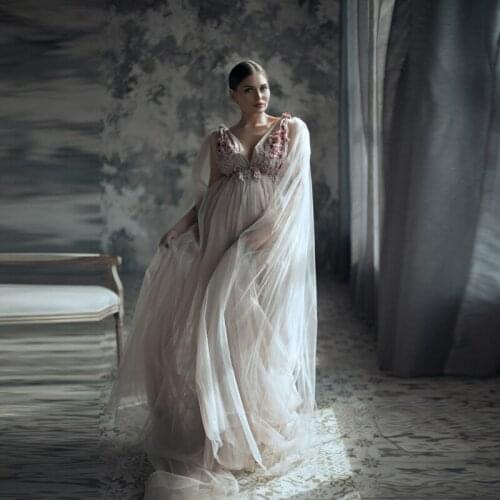 2021 Charming V-Neck Backless Long Maternity Party Gowns Garden Flowers Appliques A-Line Puffy Tulle Dress Women Kleid Custom