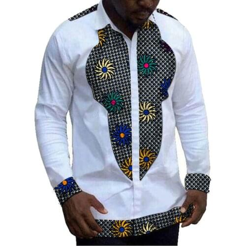 African Mens Patchwork Shirt Turn Down Collar Dashiki Clothes Fashion White With Print Mix Male Long Sleeve Ankara Tops