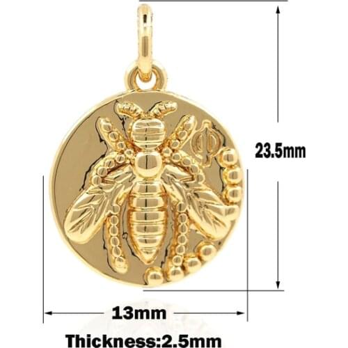 Golden Bee Coin Pendant Bee Round Charm Queen Bee Necklace Brass Bee Charm DIY Jewelry Accessories 23.5×13×2.5mm