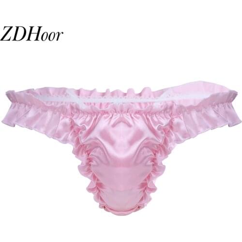 Sexy Gay Mens Briefs Thong Panties Mens Ruffled Frilly Satin Sissy Lingerie Soft Shiny Bikini G-strings Underwear Underpants