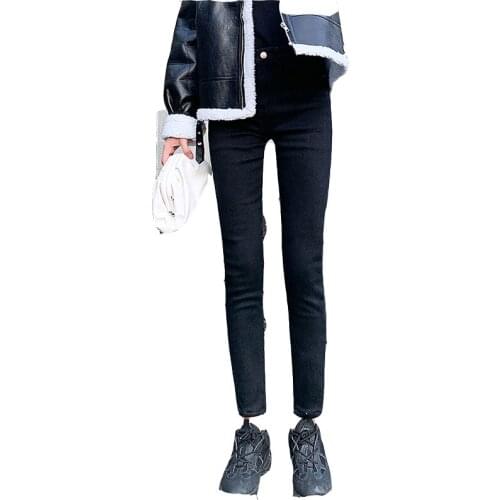Fleece black jeans womens tight feet Korean style high waist slimming ladies long pants