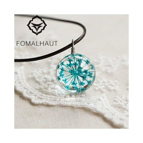 Hot FOMALHAUT Crystal glass Ball Blue lace flower Necklace Long Strip Leather Chain Pendant Necklaces Women 2015 Jewelry CX-120