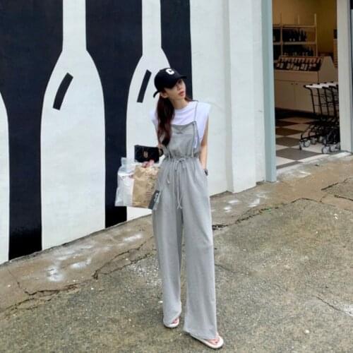 Foreign style aging drawstring show thin loose wide leg straight leg jumpsuit high waist casual suspenders trousers