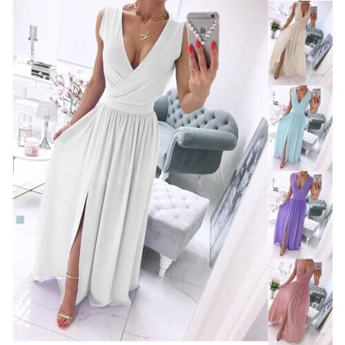 Summer New Sleeveless Solid Color V-neck Dress Women Pullover Polyester High Waist Dress