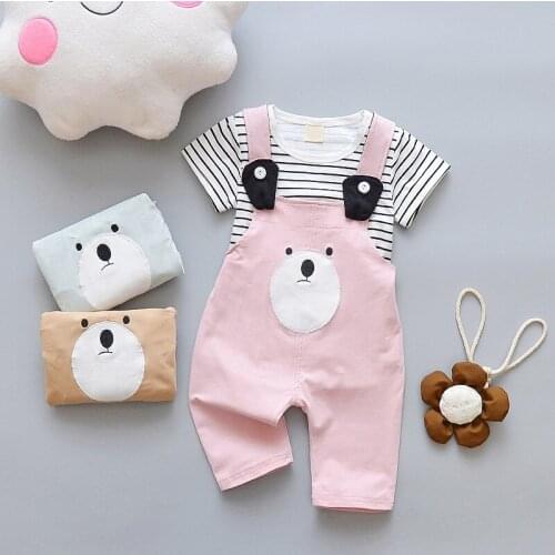 Summer Children Clothing Baby Boys Girls Cothing Sets Bear Cartoon Cute Clothes Kids Short Sleeve T shirt+Strap Shorts Pants