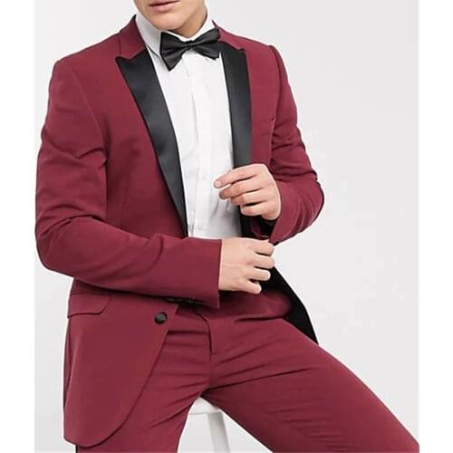 Fashion Black Stripe Pant Burgundy Men Suits Wedding Slim Fit Blazer 2 Pieces Groom Tuxedo Terno Masculino Prom Black Lapel