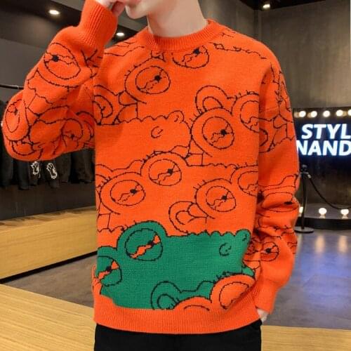 Mens Autumn Casual Sweaters Polar Bear Pattern Trendy Slim Sweaters Cotton Long Sleeve Round Collar Male Warm Pullovers Orange