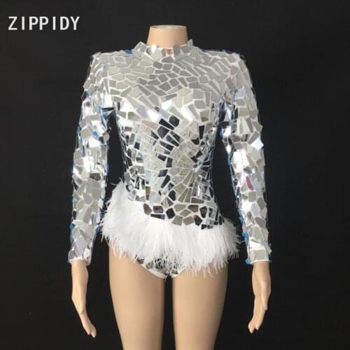 New Silver Sparkly Mirrors White Feather Bodysuit Womens Bar Birthday Celebrate Outfit Women Dancer Prom Outfit