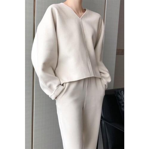 Autumn and Winter Lady Simple Outwear Double-Sided Jumper Wool and Cashmere Women V-Neck Woolen Pullover Tops