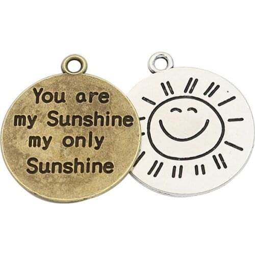 KJjewel Antique Silver Plated "You are my sunshine" Charm Pendant fit Bracelet Necklace Jewelry DIY Making Accessories 25mm