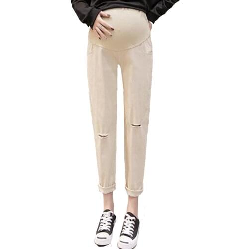 Ripped Maternity Pants Quarter Belly Casual Straight Pants Clothes for Pregnant Women Pregnancy Trousers 2021 Summer Loose