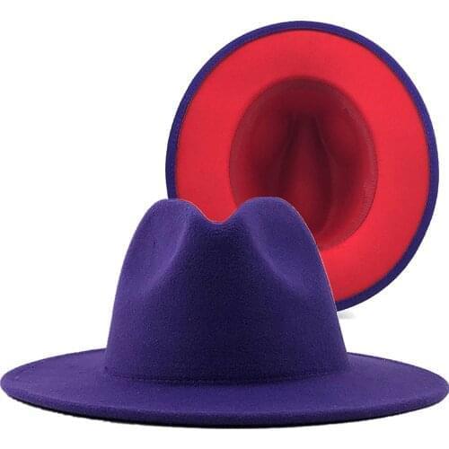 60CM purple Red Patchwork Wool Felt Jazz Fedora Hat Women Wide Brim Panama Party Trilby Cowboy Cap Men Gentleman Wedding Hat