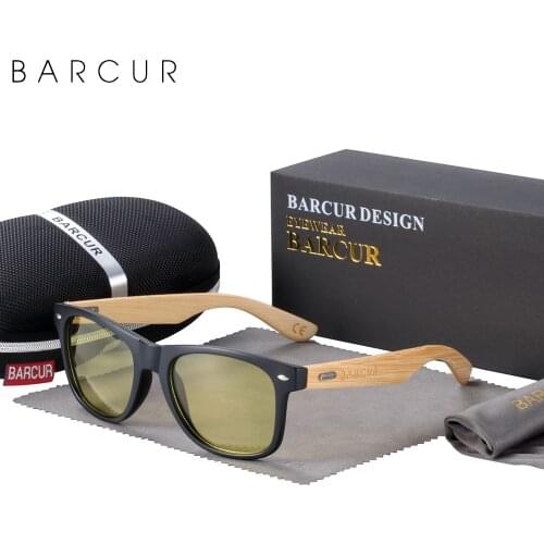 BARCUR Brand Design Wood Night View Sunglasses Men Driving Women Polarized Lens Bamboo Wooden Walnut Glasses UV400