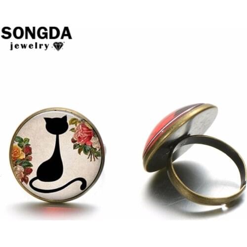 SONGDA Anime Lovely Little Black Cat Ring Retro Bronze Color Time Gem Adjustable Rings for Women Kids Cartoon Jewelry Hand Craft