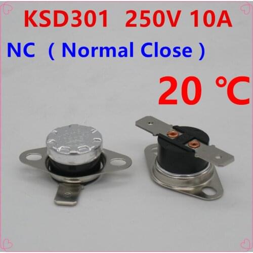 10Pcs KSD301 20 Degrees Celsius 20 C Normal Close NC Temperature Controlled Switch Thermostat 250V 10A Thermal Protector