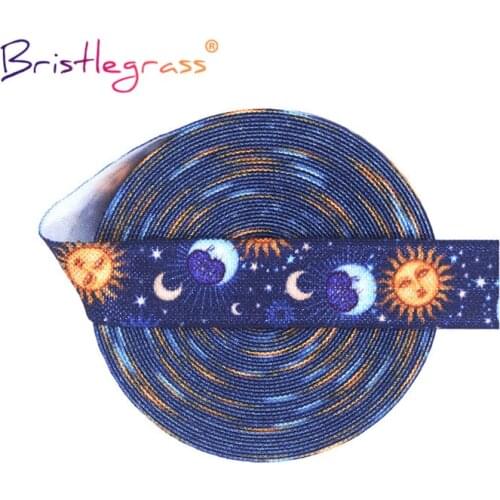 BRISTLEGRASS 2 5 10 Yard 5/8" 15mm Sun Moon Star Print Fold Over Elastic FOE Spandex Band Tape Hair Tie Bracelet DIY Sewing Trim