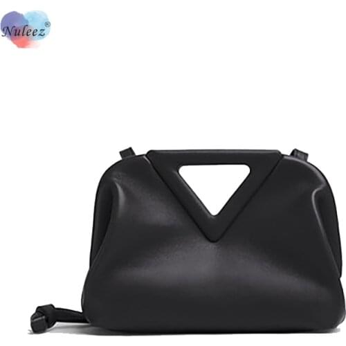 Triangle Magnetic Snap Handle Bag Women Genuine Cowhide Leather Fashion New Designed Handbag or Cross-Body Soft Cloud Clutch
