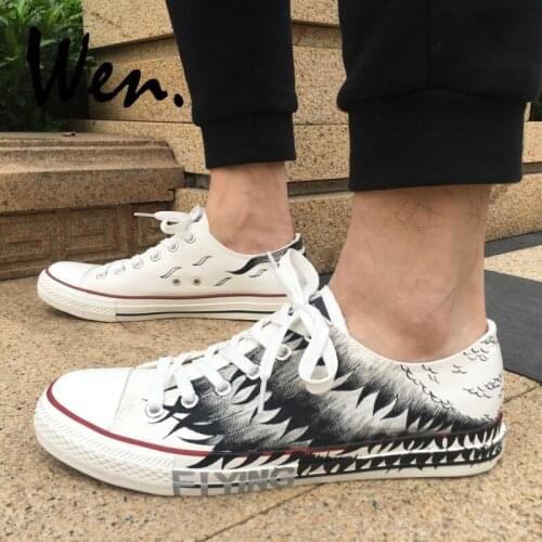 Wen Original White Canvas Shoes Wings Hand Painted Canvas Shoes Original Design Men Sneakers Low Top Women Plimsolls Flat