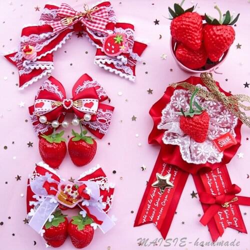Strawberry Hair Clip Lolita Soft sister Cute Brooch KC Lace Bowknot Hair ornament Side clip Sweet Barrettes Handmade Headdress