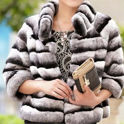 Short Style Natural Chinchilla Rex Rabbit Fur Coats Stand Collar Winter Warm Real Fur Coats For Women